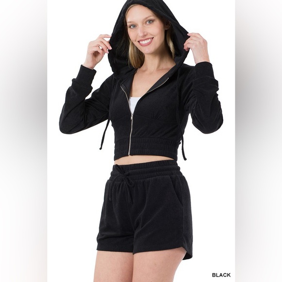 Loop Terry Zip Up Cropped Hoodie & Shorts Set - Picture 4 of 4